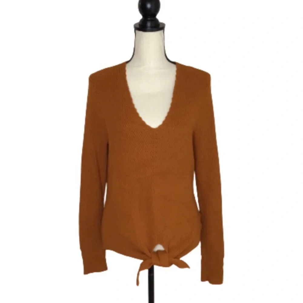 Anthropologie Moth Freeport Rust V-Neck Ribbed Knit Tie Front Sweater Small